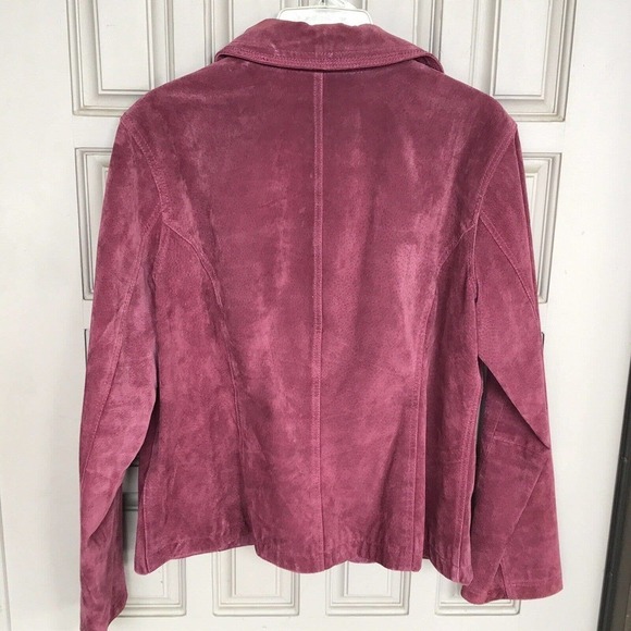Chico's Design Jacket Sz 2 Magenta Suede Leather Designs Snap Front Zip Pockets - Picture 9 of 10
